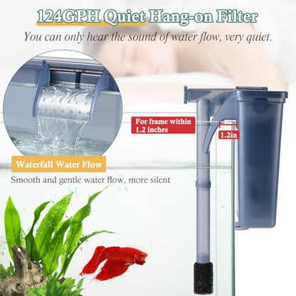 5W Hang-on Aquarium Filter, 124GPH Quiet Fish Tank Filter with Filter Sponge and Activated Carbon, Adjustable Waterfall Filter for 10-25 Gallon Fish Tank