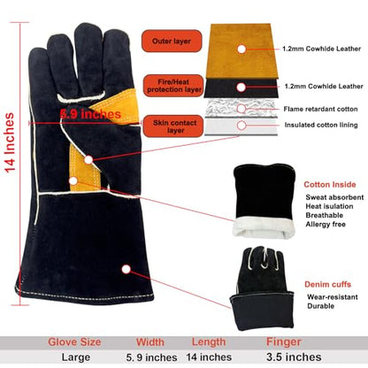 Welding Gloves Heat Resistant Leather Fireproof Gloves 14in Black | Welders Gloves for MIG TIG Stick, Grill Gloves Mitts for BBQ,Oven,Forge,Fireplace,Fire Pit,Furnace,Wood Stove,Dry Ice,Baking - color: 14 Inches Black