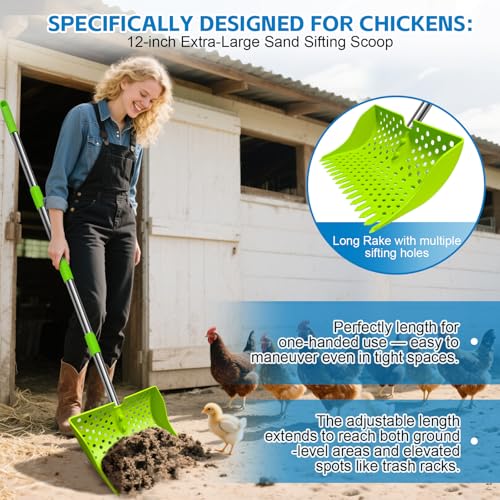 12" 2-in-1 Chicken Poop Scooper & Rake (US Patent No. D1124534), 3-Shape Sifting Holes Chicken Coop Rake, Stainless Steel Handle (20–61") - Litter Scoop Sand & Sifting Shovel (Green) - color: Green