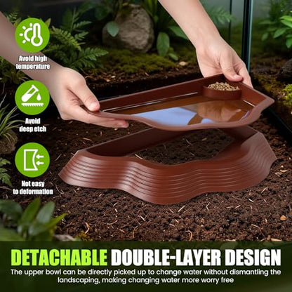 3 Pcs Tortoise Water Bowl with Ramp, Reptile Food Water Bowl Turtle Pool, Tortoise Bathing Pool Turtle Soaking Dish Aquarium Habitat Accessories(trumpet-3-brown Plus Green) - color: trumpet-3-brown plus green