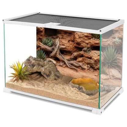 Rock Driftwood Plant Reptile Habitat Background 30x18 In Terrarium Backdrop | AWERT terrarium backdrop with rock walls, driftwood, desert succulents & sand substrate, polyester reptile habitat decor - size: 30x18in/75x45cm
