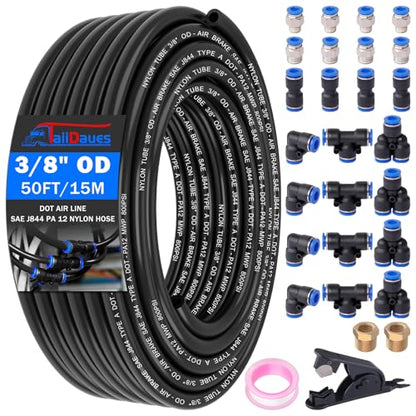 Air Line Tubing Kit, 3/8" OD DOT Air Line 50 FT(15 m) SAE j844 PA Nylon Air Hose Tubing and Push to Connect Fittings for Air Brake System Or Fluid Transfer, 29 Pcs Compressed Accessories Kit - size: 29PCS & 50FT 3/8" Air Line