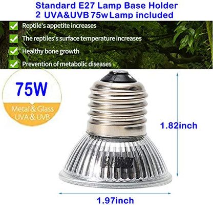 75W Reptile Heat Lamp, Turtle Heating Light UVA UVB Temperature Adjustable 360°Rotatable Clip Basking Lamp for Amphibian Reptile Turtle Lizard Snake (2pcs 75W Bulb) - size: 2pcs 75W Bulb