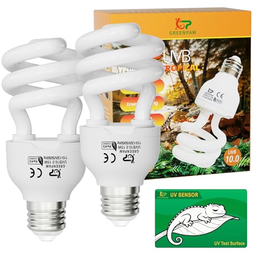 UVB Reptile Light Bulb 10.0: Bearded Dragon 15W Reptile UVB Light 2 Pack, UVA UVB Light for Reptiles Terrarium Compact Fluorescent Lamp, Desert UVB Bulb for Tortoise, Lizard - with UV Sensor Card - size: 5.5INCH-10.0