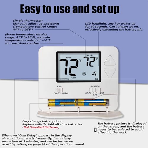 Heagstat H701 Non-Programmable Thermostat for Home up to 1 Heat/1 Cool | Manual Operation Cooling & Heating, White Backlight - color: White Backlight