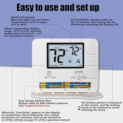 Heagstat H701 Non-Programmable Thermostat for Home up to 1 Heat/1 Cool | Manual Operation Cooling & Heating, White Backlight - color: White Backlight