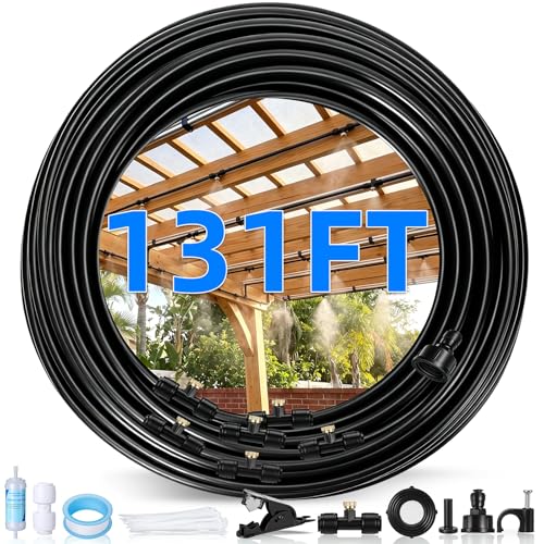 131FT Misters for Outside Patio, 40 Brass Nozzles + Water Filter + 3/4" Adapter, 40M DIY Portable Outdoor Misters Kit for Garden, Greenhouse, Patio, Porch, BBQ, Backyard, Yard, Trampoline Cooling