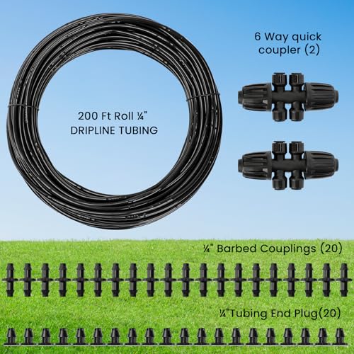 MIXC 1/4" Irrigation Dripline Tubing (200 Ft Roll), Saving 80% Water, 6" Emitter Spacing, 0.5 GPH Emitters Built-In Drip Irrigation Line with 1/4" Fittings Included, Black - size: 200FT