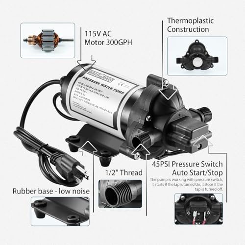 RV Water Pumps 115V AC Pressure Pump with Pressure Switch, Self-priming Water Pump 4.0GPM 45PSI, Fresh Water Pump for RV, Kitchen Barthroom Camping Marine Yacht Garden Diaphragm Pump115volt - color: White06