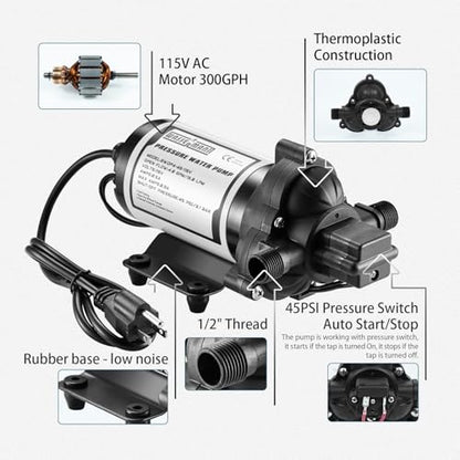 RV Water Pumps 115V AC Pressure Pump with Pressure Switch, Self-priming Water Pump 4.0GPM 45PSI, Fresh Water Pump for RV, Kitchen Barthroom Camping Marine Yacht Garden Diaphragm Pump115volt - color: White06