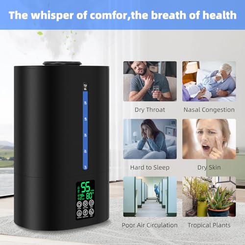 Coolfiqu 6L Warm & Cool Mist Humidifiers for Bedroom,Large Room,Plants | Quiet Top Fill Ultrasonic Humidifier,Essential Oil Diffuser, Auto Humidity Control,Hot Mist Desk Humidifiers,360° Nozzle - color: A-Black