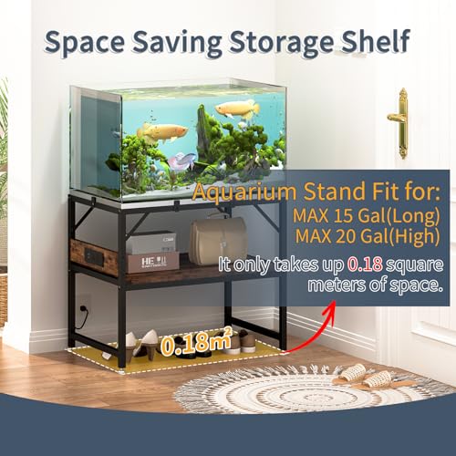 15-20 Gallon Fish Tank Stand with Power Outlets,Aquarium Stand with 2-Tier Storage Shelves,Heavy Metal Reptile Turtle Tank Stand,Fish Tank Shelf,450LBS Capacity,24”L×11.8”W×20.5”H,Rustic Brown