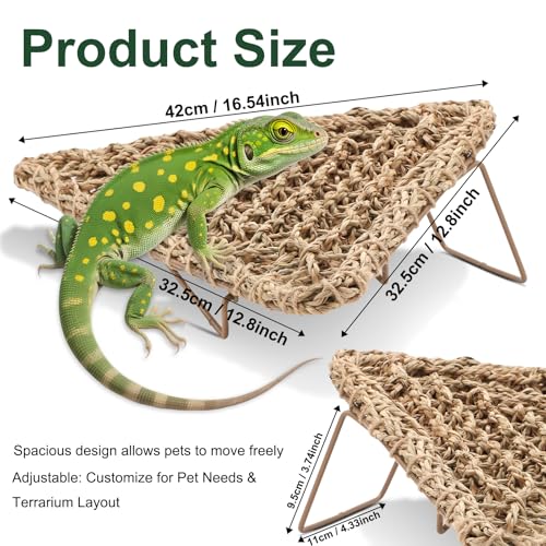 Bearded Dragon Hammock - Reptile Bed Tank Accessories with Collapsible Metal Legs - Basking Platform and Decor for Lizards, Leopard Gecko, Snake, Hermit Crab, Frog - Seagrass Material - Triangle Shape