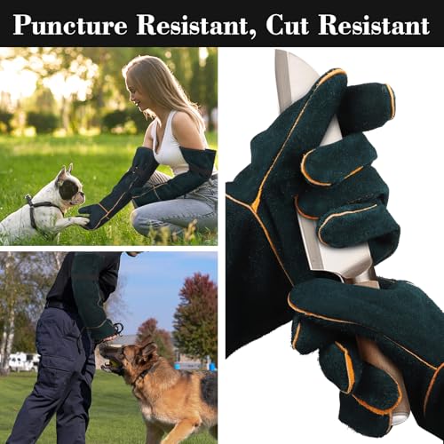 Animal Handling Gloves - 23.6 inch Bite Proof Gloves, Anti Scratch Cowhide Leather for Cat Grooming, Snake Animal Handling - color: Green