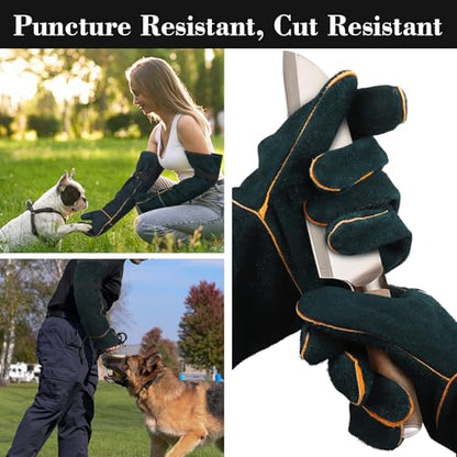 Animal Handling Gloves - 23.6 inch Bite Proof Gloves, Anti Scratch Cowhide Leather for Cat Grooming, Snake Animal Handling - color: Green