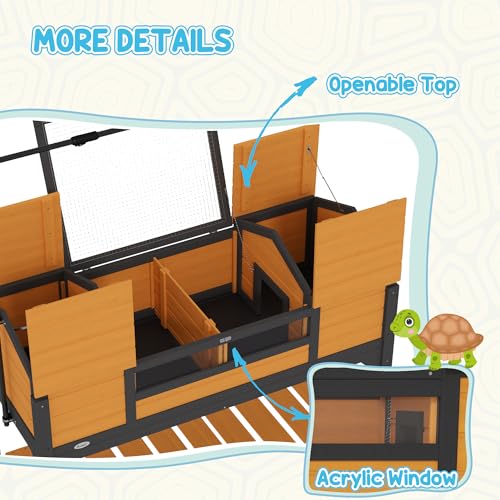 PawHut Tortoise Habitat with Adjustable Lamp Holder, Attached Tray Yellow | Wooden Tortoise Enclosure, Storage Shelf, Dual Main Houses, Openable Lid - color: Yellow