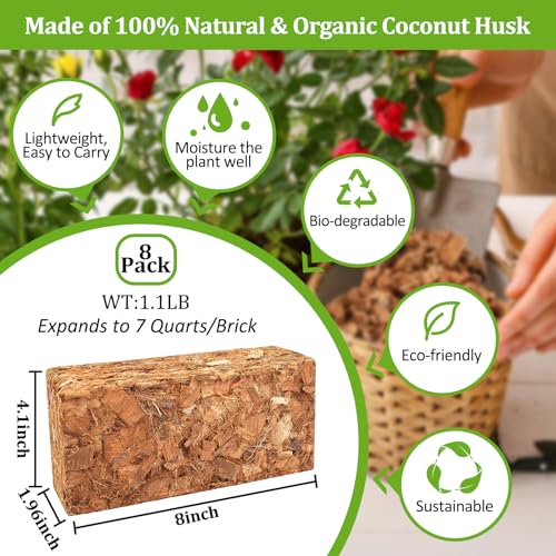Riare 8 Pack Organic Coco Coir Chips for Plants, 8.8 lb Coconut Husk Bricks | Low EC & pH-Balanced Coco Husk Substrate with Drainage & Aeration, High-Expansion Mulch for Landscaping, Orchids & Soil Mix - size: 8 Pack