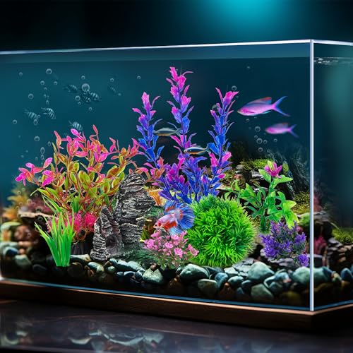 Ameliade Aquarium Artificial Plants & Rock Cave Betta Fish Tank Decor Set | Betta Goldfish Aquarium Accessories, Soft Plastic Plants & Rock Cave Decorations, Small and Large Fish Bowl Ornaments