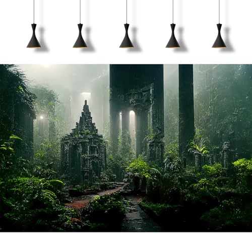 Fantasy Ancient Temple Aquarium Background Jungle Stone Columns Mysterious Foggy Rainforest Green Plants Fish Tank Background Magical Misty Rock Ruins Reptile Tank Enclosure Backgrounds 36x18in - color: Foggy Green, size: 36(W)x18(H)inches/ 90(W)*45cm(H)