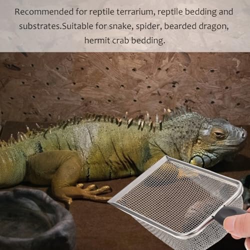 POPETPOP Stainless Steel Reptile Sand Shovel with Fine Mesh Sifter 10.62In Ergonomic Handle for Tortoise Lizard Snake Bedding and Terrarium Substrate Cleaning