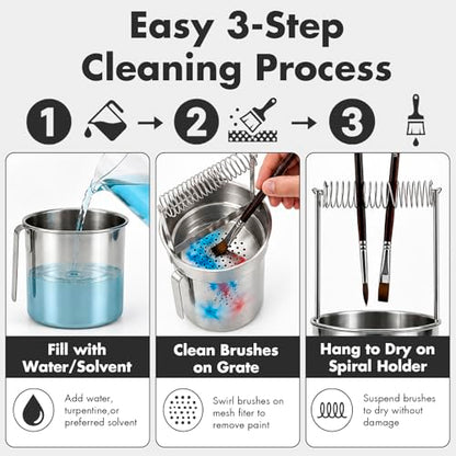 Double Layer Paint Brush Washer, Stainless Steel Oil Paint Brush Cleaner with Spiral Holder, Removable Strainer and Wash Tank for Oil, Acrylic, Watercolor