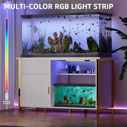 55-75 Gallon Fish Tank Stand, Aquarium Stand with LED Light, White & Gold | 49 x 20 In Top, Modern Fluted Design, 2 Outlets, 2 USB Ports, Shelf Storage, Metal Frame Support, 1100 LBS, Turtle Tank Stand - color: White and Gold