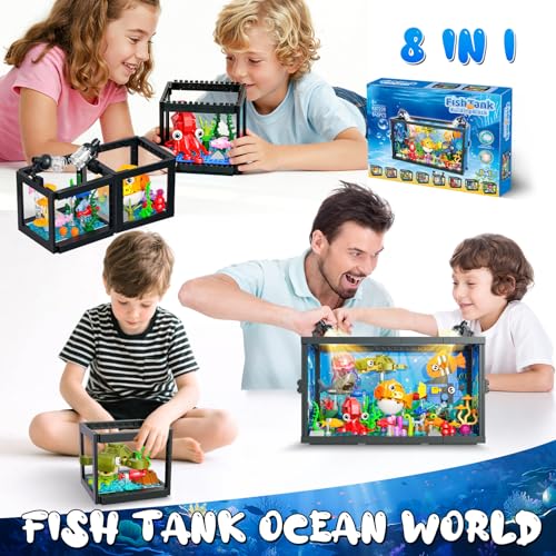 8 in 1 Aquarium Building Sets with Light, Compatible with Lego Fish Tank Building Kits Including Sharks, Turtles, Octopus, Sea Animal Party Favor Toys for Boys Girls Kids Aged 8-12, 640PCS