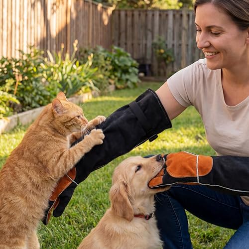 Long Leather Welding Gloves Animal Handling Scratch Bite Proof | 24 Inch Full arm coverage.Flame-retardant split leather shields against intense welding heat and animal bites. - color: Black
