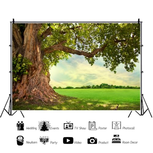 7x5ft Huge Tree Backdrop Rural Field Scenery Photo Props | Spring Summer Natural Countryside Outdoor Fence Decor Picnic Background Wedding Art Portraits Photo, Polyester - size: 7x5ft