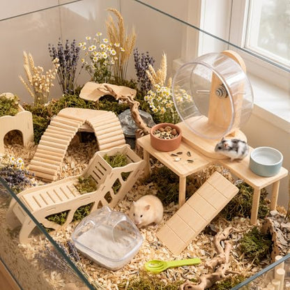BreezeHug 4 Pcs Hamster Cage Accessories Hamster Platform Hideout Wooden Tunnel Ladder Playhouse Game Climbing Toy with Platform for Pets Dwarf Syrian Mice Degus Gerbils Squirrel(Wood) - style: Wood