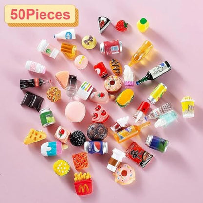 50 Pcs Miniature Food Drink Bottles Soda Pop Cans Pretend Play Kitchen Game Party Accessories Toys Hamburg Cake Ice Cream for 1/12 Doll House (25Food+25Drink) - style: 50 PLAY FOOD