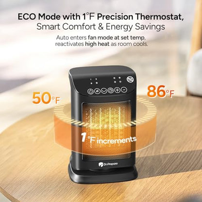 DR.PREPARE 1500W Small Space Heater for Indoor Use, Portable PTC Ceramic Electric Heater with Thermostat, Oscillation, Remote, 12H Timer, 3 Heat Modes + Fan + ECO Mode, Safe Heater for Office Bedroom - size: 9.7''H/ 70° Auto Oscillation