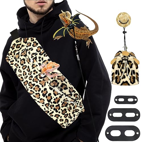 Bearded Dragon Leash and Harness Set, Bearded Dragon Accessories(Include Leopard Print Chest Pack, Lizard Clothing＆Leash, Small Straw Hat), Beardeds Dragon Decor Suit for Outdoor Travel - color: Leopard