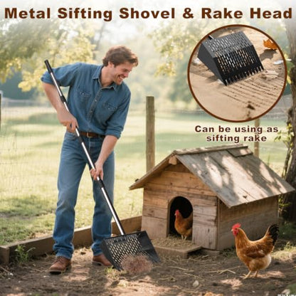 Metal Chicken Poop Scooper & Rake Scoop 10" Metal Chicken Coop Rake | Assistanted Handle Grip Heavy Duty Scoop Tool Adjustable Long Handle Adjustable (36 to 62") for Farm Animals Clean Tool