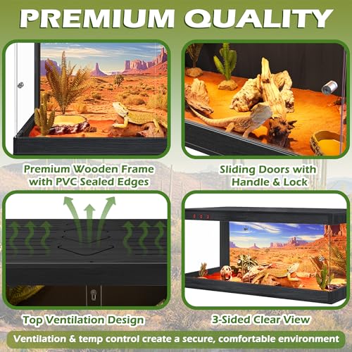 ROYXEN Reptile Enclosure,82 Gallons Reptile Tank with Wooden Top and Lockable Design,Tempered Glass Bearded Dragon Tank for Lizard Gecko Habitat (Black,48" Length) - color: Black, size: 82 Gallons,48" Length