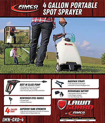 DU-MOST Fimco 5303079 Lawn Guard Multi Use Battery Powered Spot Sprayer for Small Scale Pest Control, 4 Gallon Molded Polymer Tank, 0.2 GPM Diaphragm Pump Hand Gun, Charger, Walnut Hand Scrub, 4oz