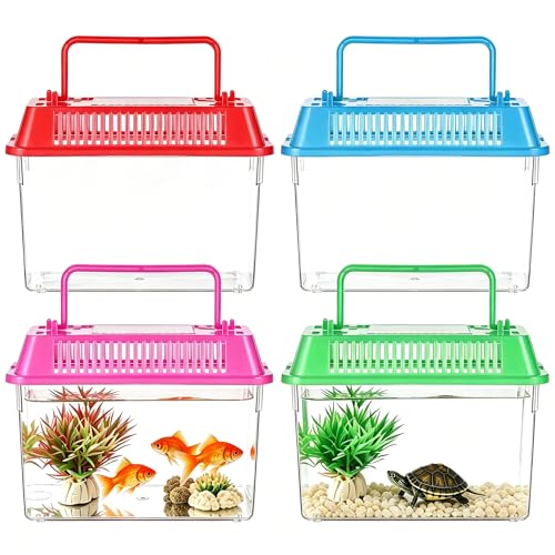 Toddmomy 4Pcs Portable Fish Tank with Handle, 5.9-Inch Small Plastic Reptile Carrier for Travel, Transparent Critter Keeper for Betta Fish, Turtles & Hamsters, Mini Pet Habitat Breeding Box