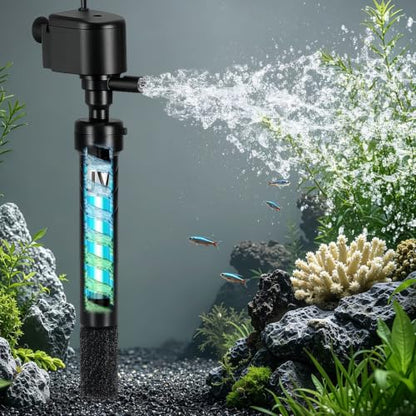 COOSPIDER Aquarium U-V Filter Green Clean Machine for 40-100 Gallon Fish Tank Crystal Clear 300GPH Submersible Water Pump Air Supply Wave Maker Green Killing