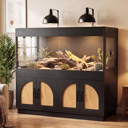 120 Gallon Reptile Terrarium Tank and Storage Cabinet, Black Finish | 4x2x2 Reptile terrarium with stand, glass doors, locking mesh top, acrylic side panels, built-in power, storage cabinet - color: Black