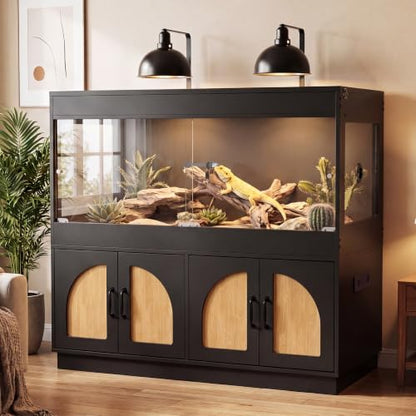 120 Gallon Reptile Terrarium Tank and Storage Cabinet, Black Finish | 4x2x2 Reptile terrarium with stand, glass doors, locking mesh top, acrylic side panels, built-in power, storage cabinet - color: Black