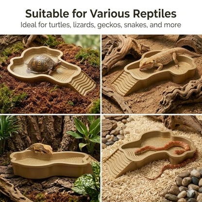 Large Turtle Water Bowl, Reptile Bathing Pool Tortoise Water Dish Bearded | Dragon Water Fountain Non-Slip Reptile Food Dish for Tortoise Gecko Lizard Snake Terrarium Habitat (Brown) - color: Brown