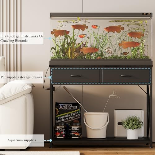 40-50 Gallon Fish Tank Stand，Aquarium Holder with Power Outlet and 2 Drawers，Heavy Duty Breeder Turtle Terrarium Stand Suitable for Turtle Tank, Reptile Terrarium, for Home Office (Black) | 40 Gallon Fish Tank Stand with Strudy Steel Frame,Heavy Duty Terr