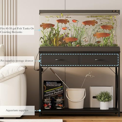 40-50 Gallon Fish Tank Stand，Aquarium Holder with Power Outlet and 2 Drawers，Heavy Duty Breeder Turtle Terrarium Stand Suitable for Turtle Tank, Reptile Terrarium, for Home Office (Black) | 40 Gallon Fish Tank Stand with Strudy Steel Frame,Heavy Duty Terr