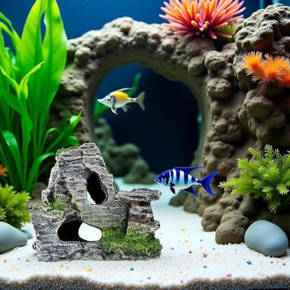 Resin Aquarium Mountain Decor with Moss Rock Cave - Multi-Level Terrain for Fish Tank Landscaping, Natural-Looking Rockery Design with Hidden Cave and Crevices for Shrimp, Reptile Habitat Aquascaping