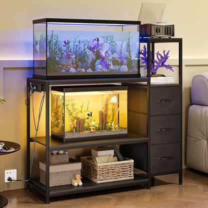 20 Gallon Aquarium Stand with Drawers & Power Outlet, Black | Fits 20 Gallon Tanks; Reptile Tank Stand; 3-Tier Storage Shelves; Adjustable Height; Heavy-Duty Metal Frame - color: Black