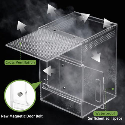 Jumping Spider Enclosure Kit, Waterproof Clear Acrylic Spider Terrarium, Front Opening + Top Access, Ventilated Insect Habitat with Moss Vine, Green Plant, 2 Moss Packs & Invisible Line (6-Piece Set)