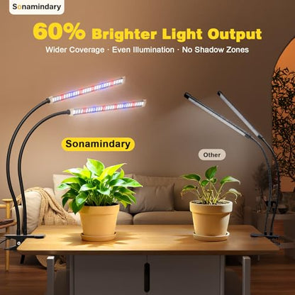LED Grow Lights for Indoor Plants, Clip-On Clamp, Dual Head | 120 LEDs, Metal Arms with Silicone Sleeves, Upgraded 9V System, 5700K Full Spectrum, 4/8/12H Timer, 5 Brightness Levels - size: Clamp-2 Head