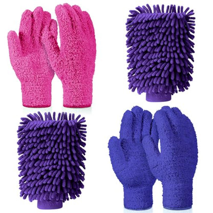 Potchen 6 Pcs Microfiber Dusting Mitt Gloves for Plants Washable Dusting Gloves for House Cleaning Furniture Car Washing - color: Purple, Rose Red