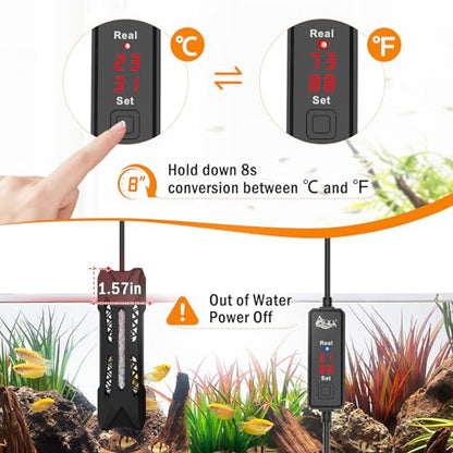 AQQA Small Aquarium Heater,Submersible Fish Tank Heater Adjustable Temperature,Mini Short Dual-use Fish Heater with LED Digital Display Thermostat,Saltwater Freshwater 200W - size: 200W（for 20-40 gal)