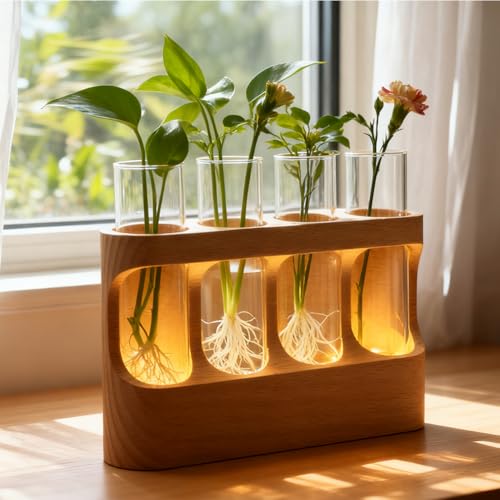 Rechargeable Plant Propagation Station with Wooden Stand,Desktop Terrarium Home Decor Dimmable LED Light 4 Glass Tubes Vases for Hydroponic Plants for Women